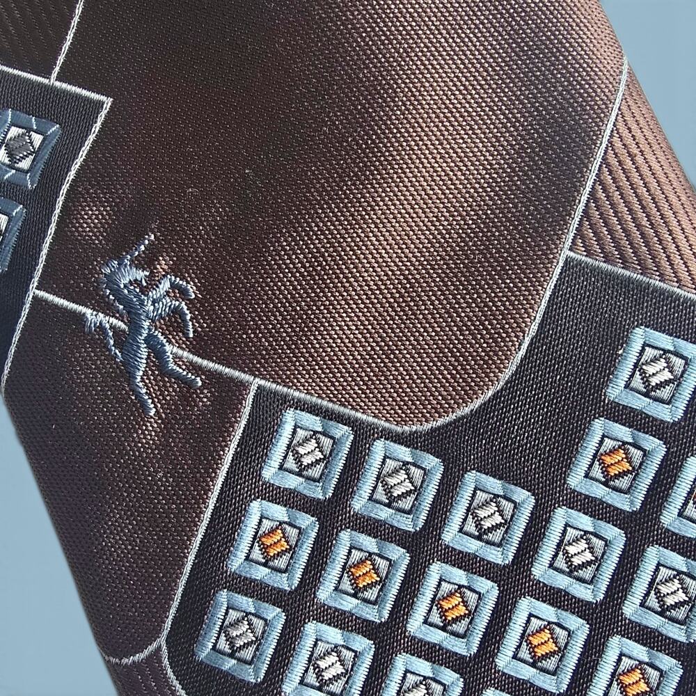 Vintage Bronzini Wide 4" Geometric Necktie Brown Blue Mod Retro 70s 80s Poly